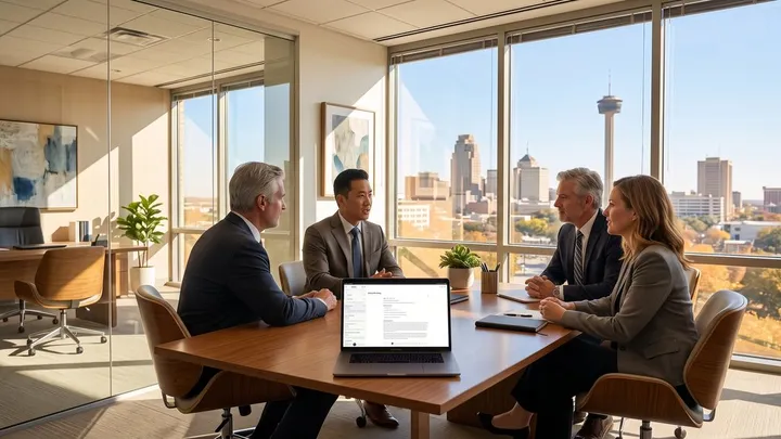 Four legal professionals discussing a matter in a conference room, with a laptop displaying structured meeting notes