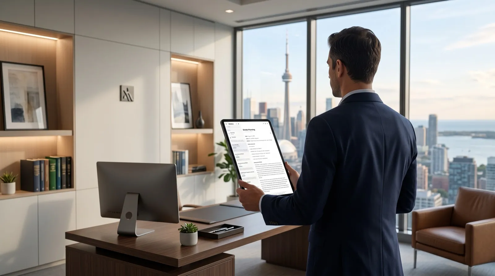 Lawyer reviewing an estate-planning File Note on a tablet using an on-device legal AI workflow