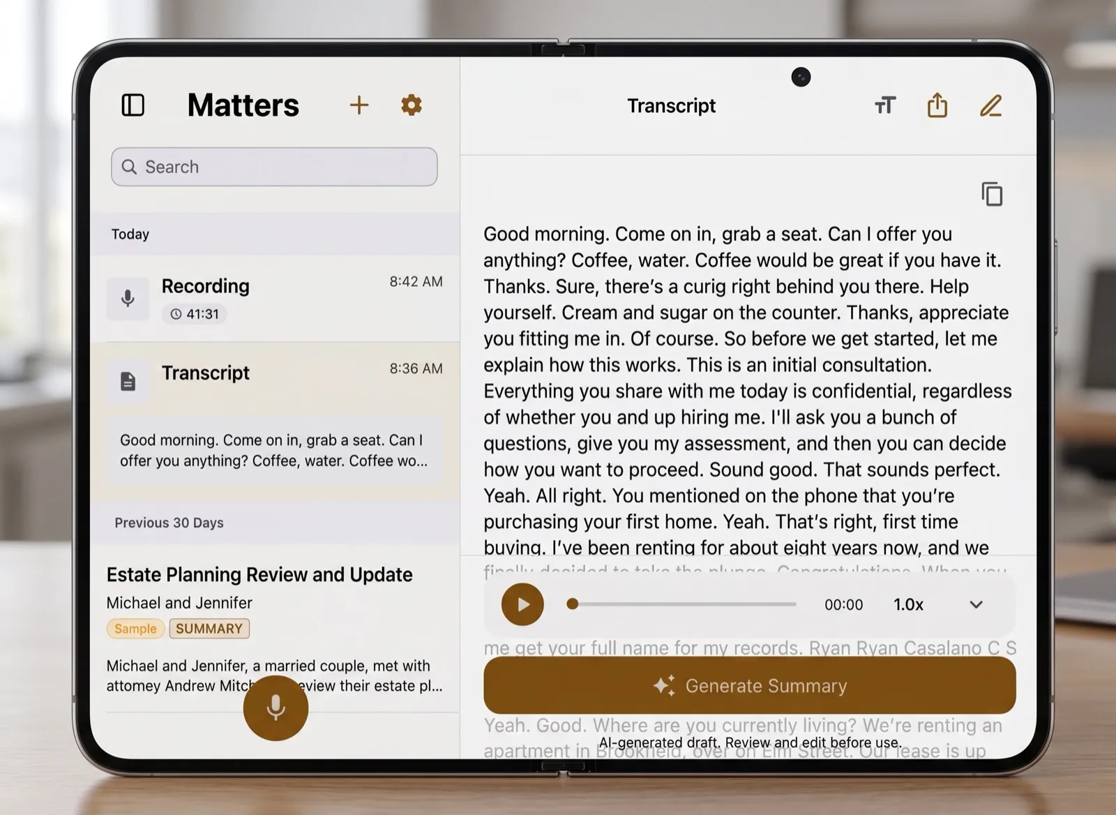 Concept image of an unfolded iPhone Duo displaying LexVoda matters navigation and meeting transcript interface